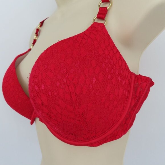 Victorias Secret 38C Very Sexy Push Up Bra Red Lace Gold Ring Underwire Padded - Picture 5 of 16